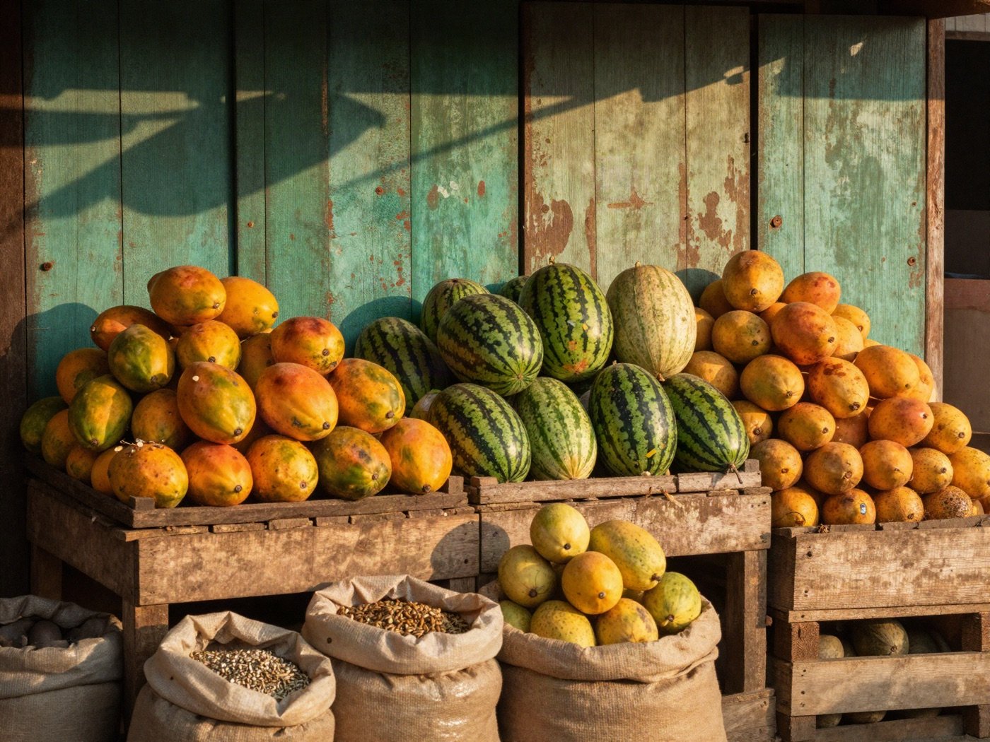 Fruit seed crates at a market stall